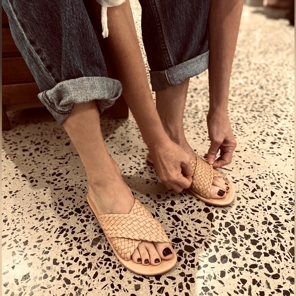 clothing & co Shoes - Boho Braided Taupe Tan Slides Flats Sandals